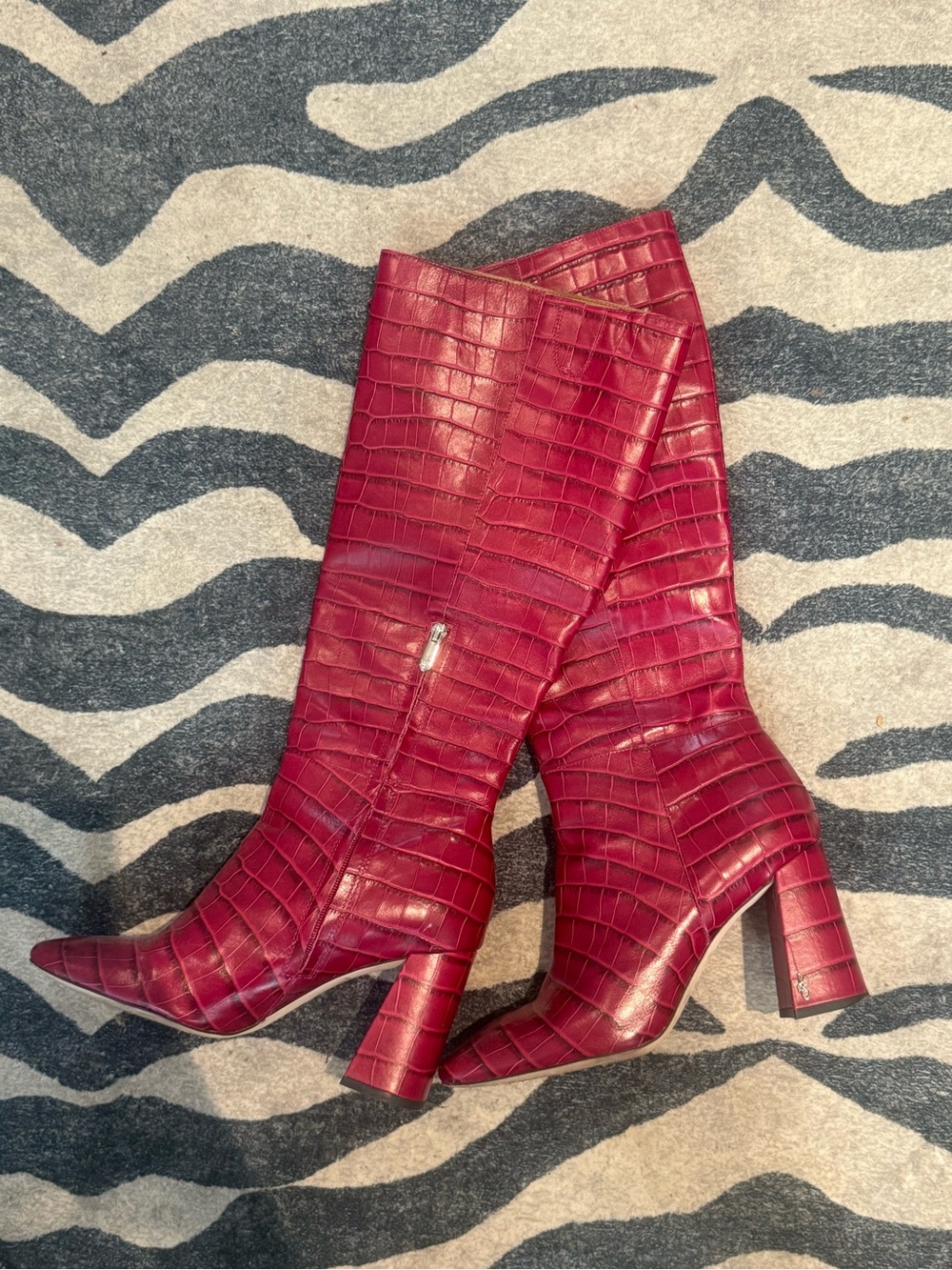 SAM EDELMAN Sylvia Croc-Embossed Pointed Toe Knee-High Heel Boots in Red